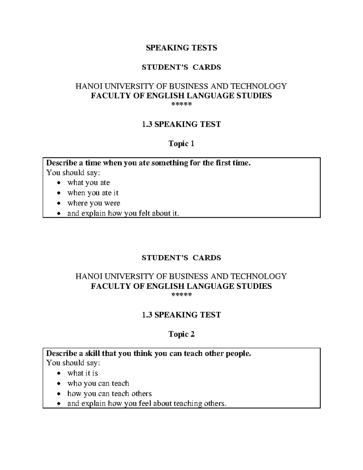 20 speaking tests - SPEAKING TESTS STUDENT’S CARDS HANOI UNIVERSITY OF ...