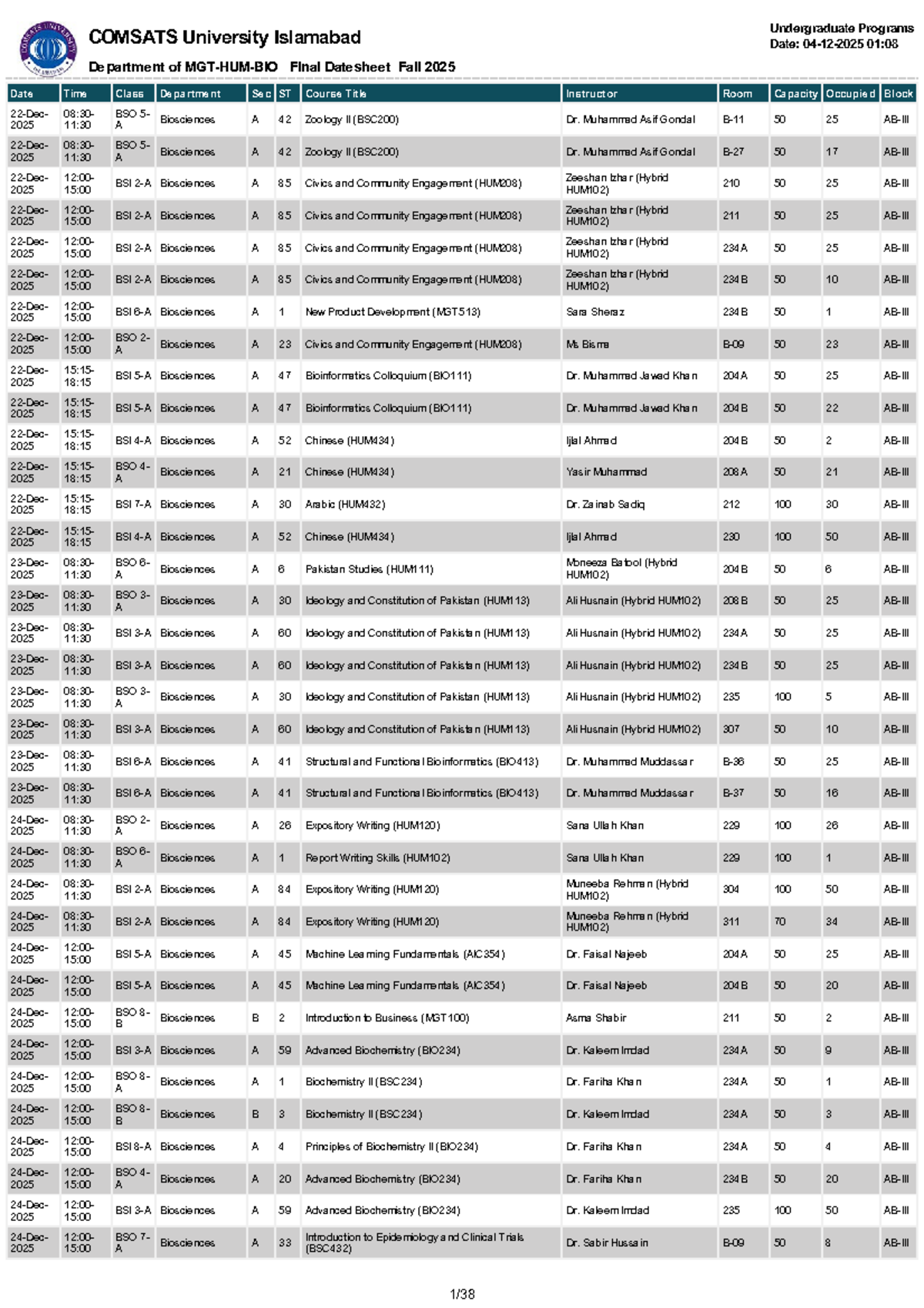 Undergraduate Programs Final Datesheet Fall 2025 (MGT-HUM-BIO) - Studocu
