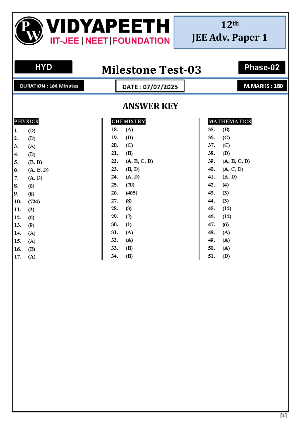 LJ MT03 P1 QP (07-07-25) JEE Adv. Paper 1 Milestone Exam Guide - Studocu