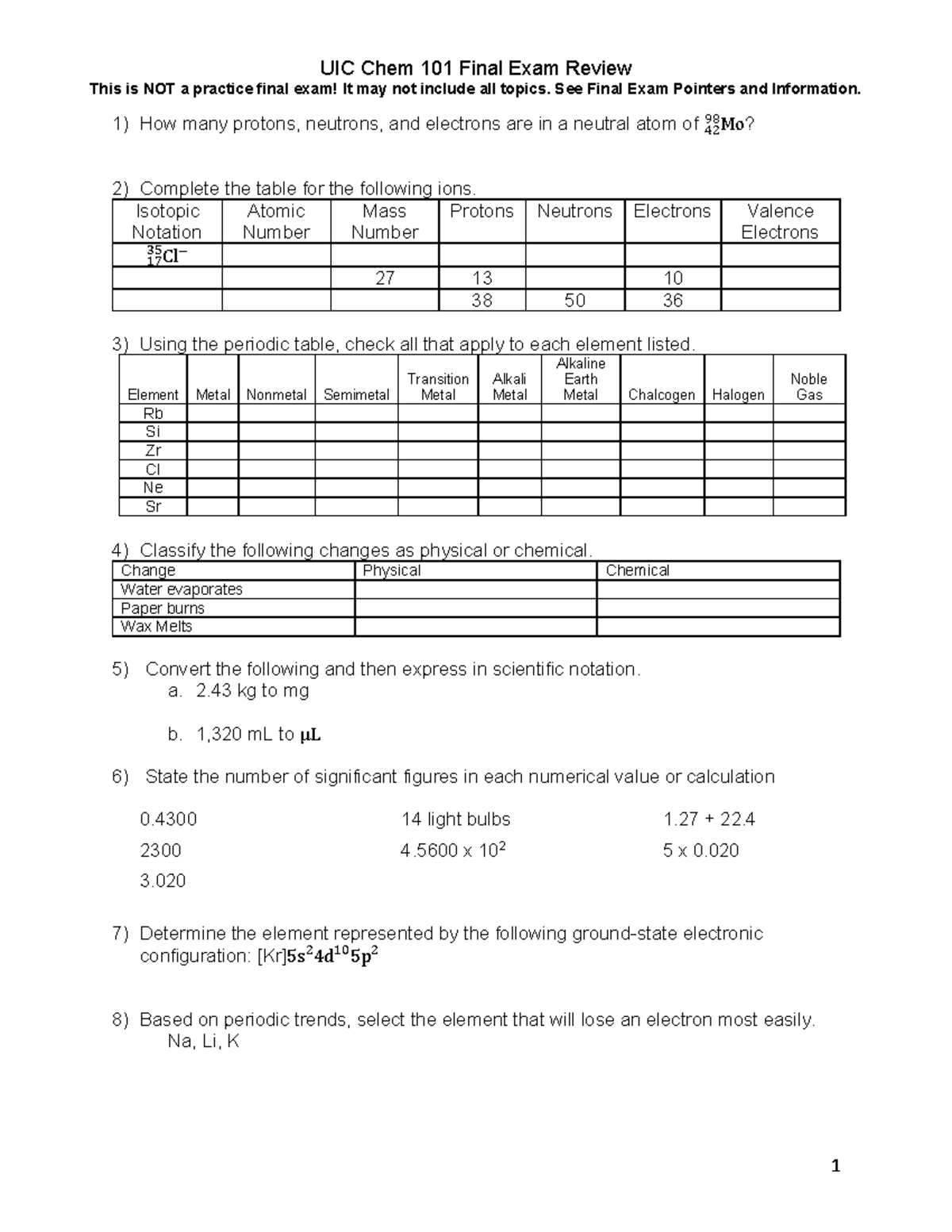 UIC Chem 101 Final Exam Review Questions and Key Concepts - Studocu