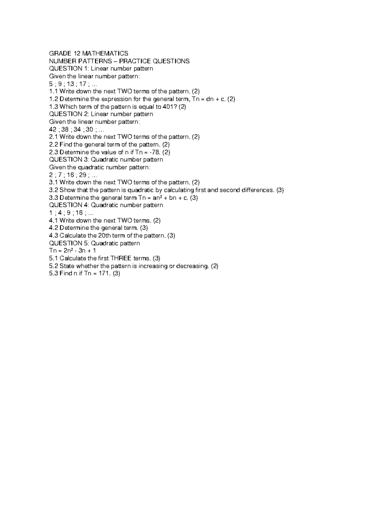 Grade 12 Mathematics: Number Patterns Practice Questions - Studocu