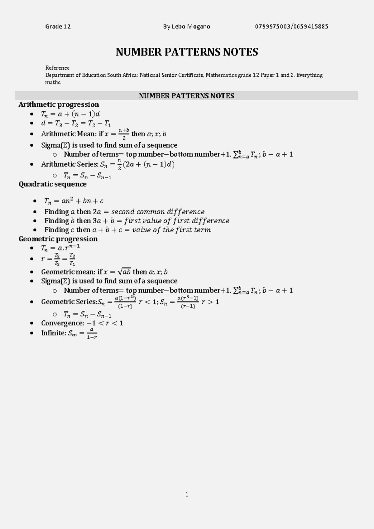 Grade 12 Maths: Number Patterns Notes for Exam Preparation - Studocu