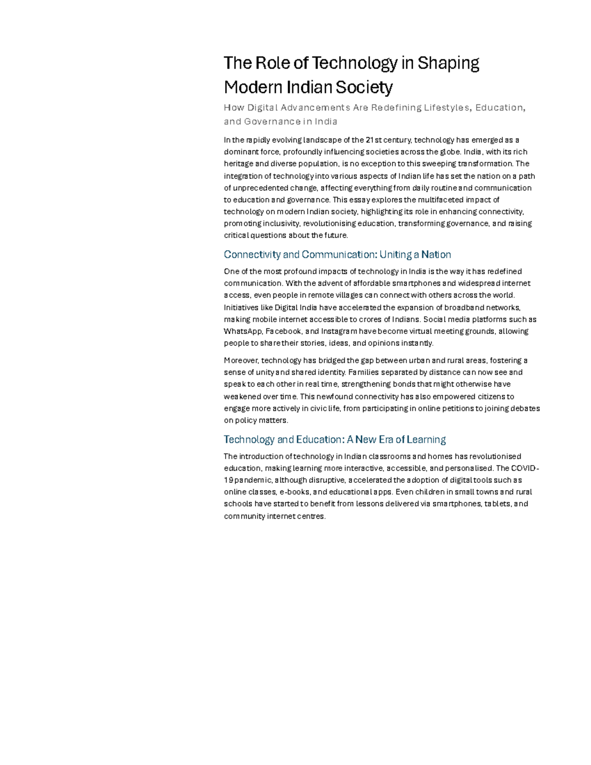 The Impact of Technology on Modern Indian Society: An Essay - Studocu