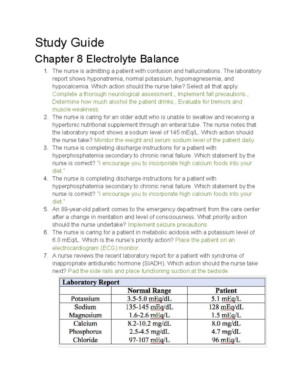 Study guide - Study Guide Chapter 8 Electrolyte Balance 1. The nurse is ...