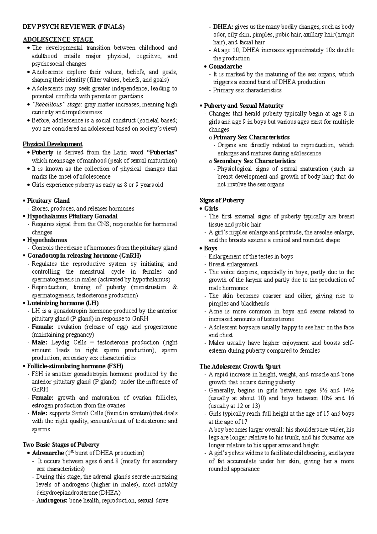 DEV Psych Reviewer Adolescence Stage - DEV PSYCH REVIEWER (FINALS ...