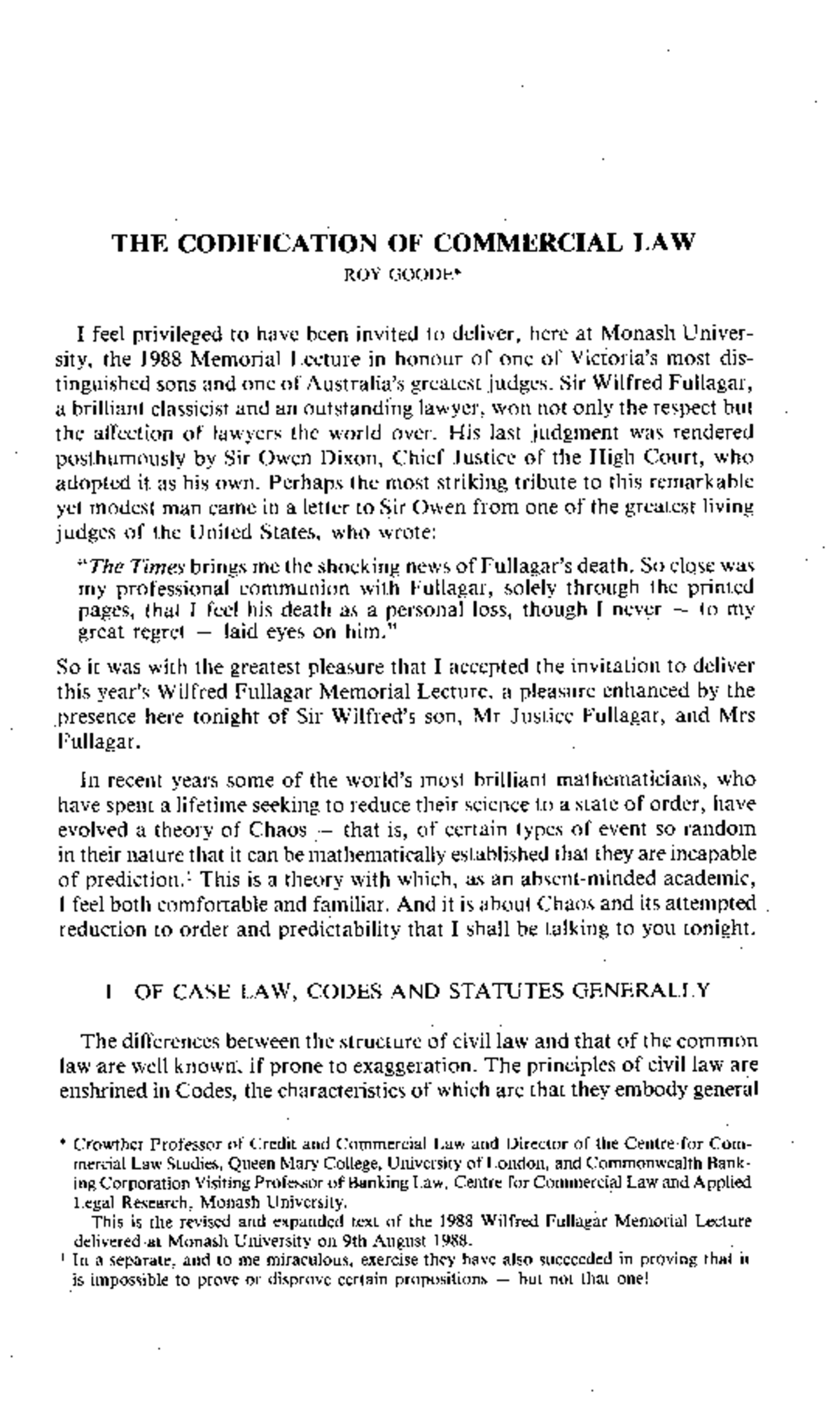 Codification of Commercial Law: Insights from the 1988 Wilfred Fullagar ...