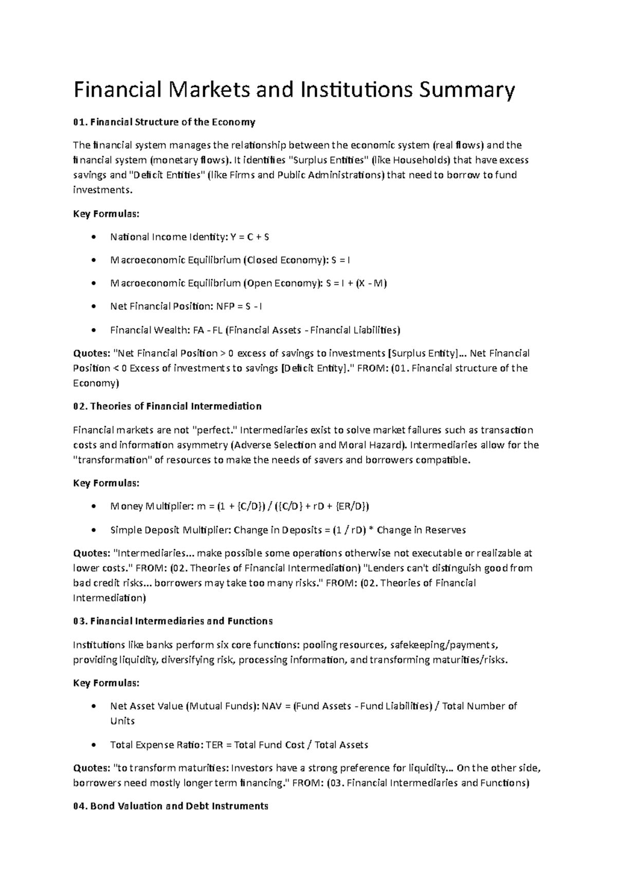 Financial Markets and Institutions Summary (FIN 101) - Studocu