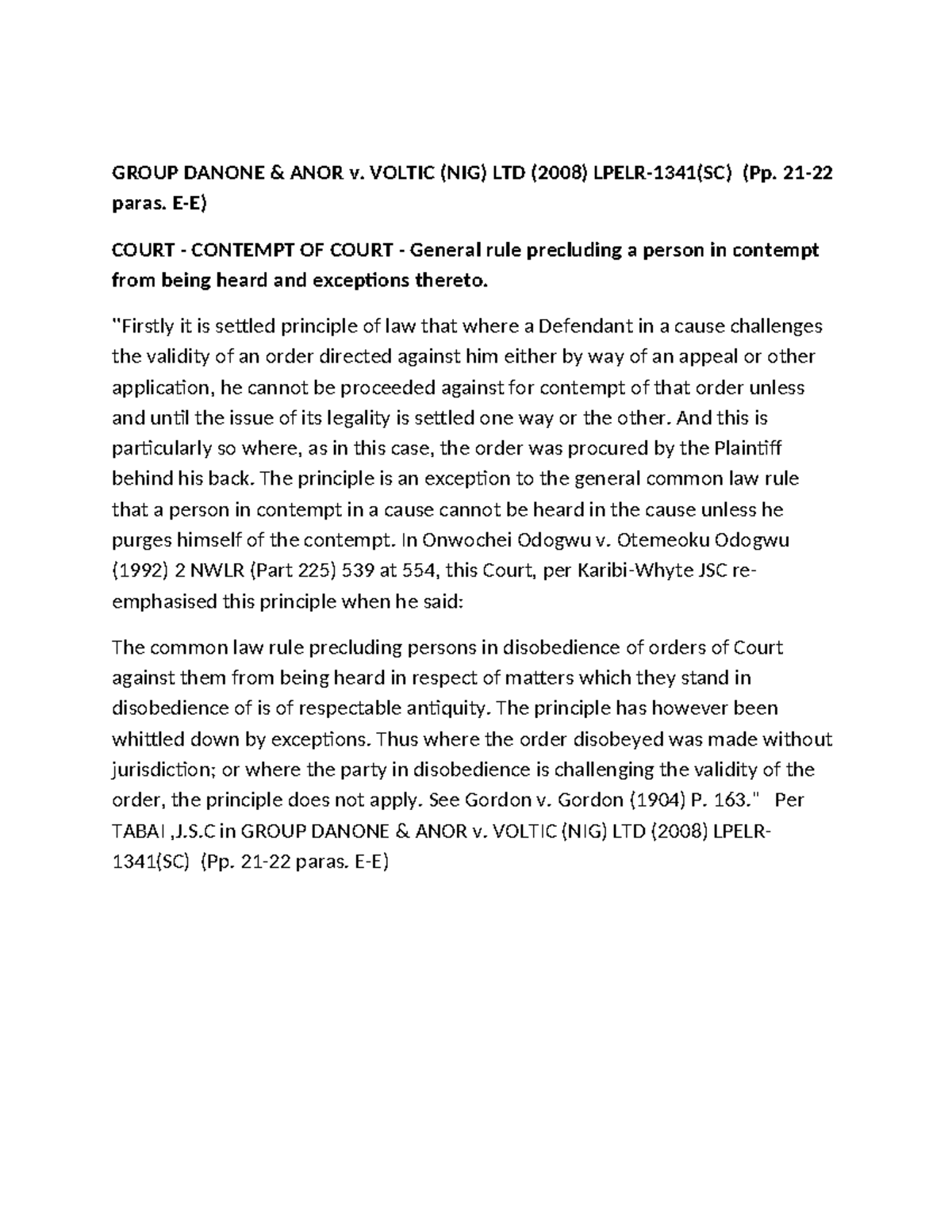 GROUP DANONE ANOR v. VOLTIC (NIG) LTD: Contempt of Court Principles ...