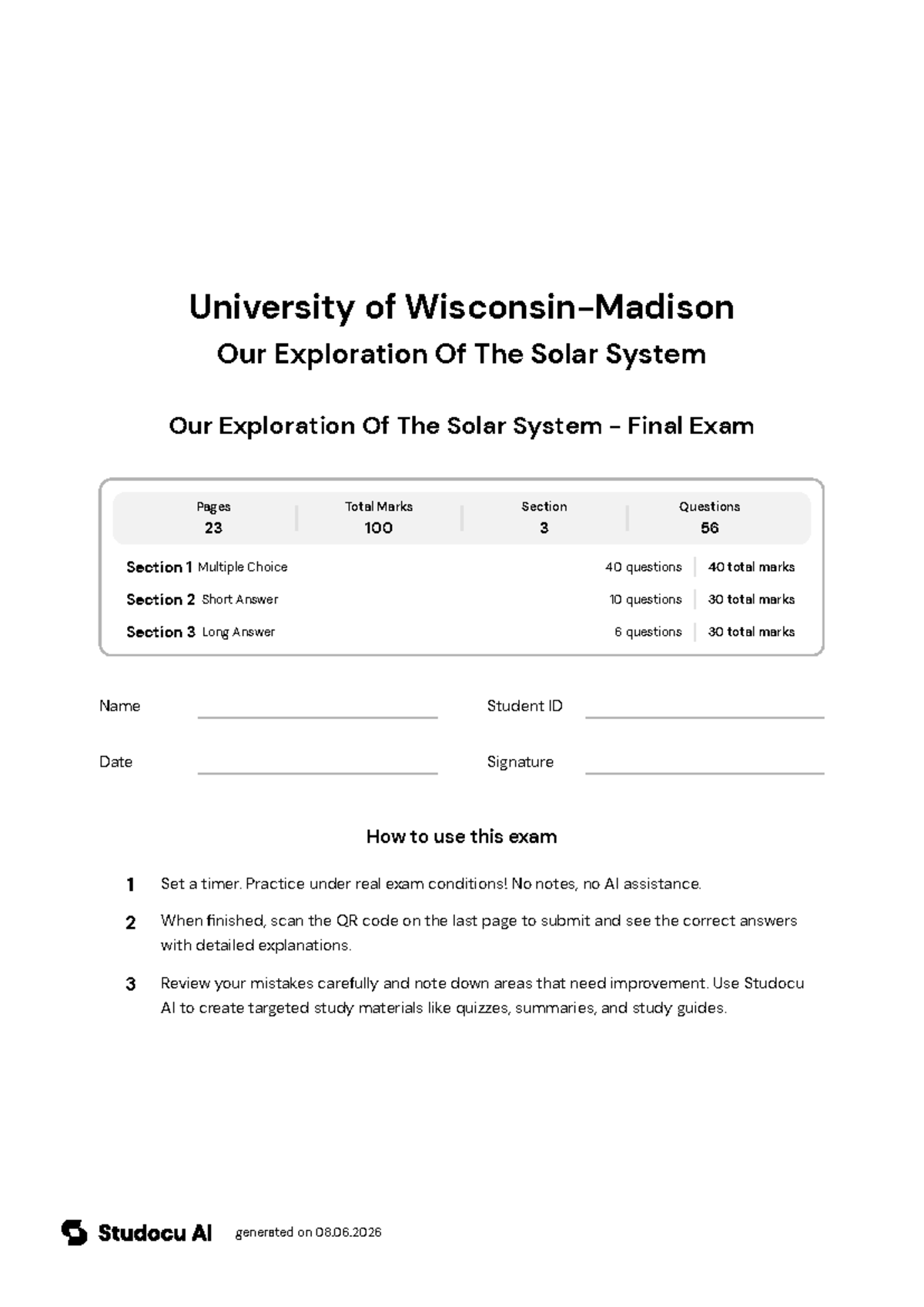 Our Exploration Of The Solar System - Final Exam - Studocu