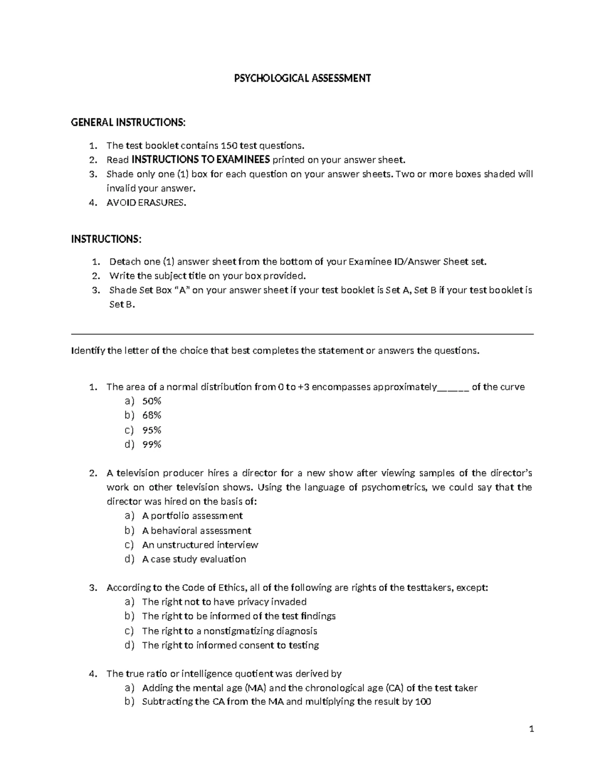 Psych Assessment Practice Test - PSY 101 - Studocu