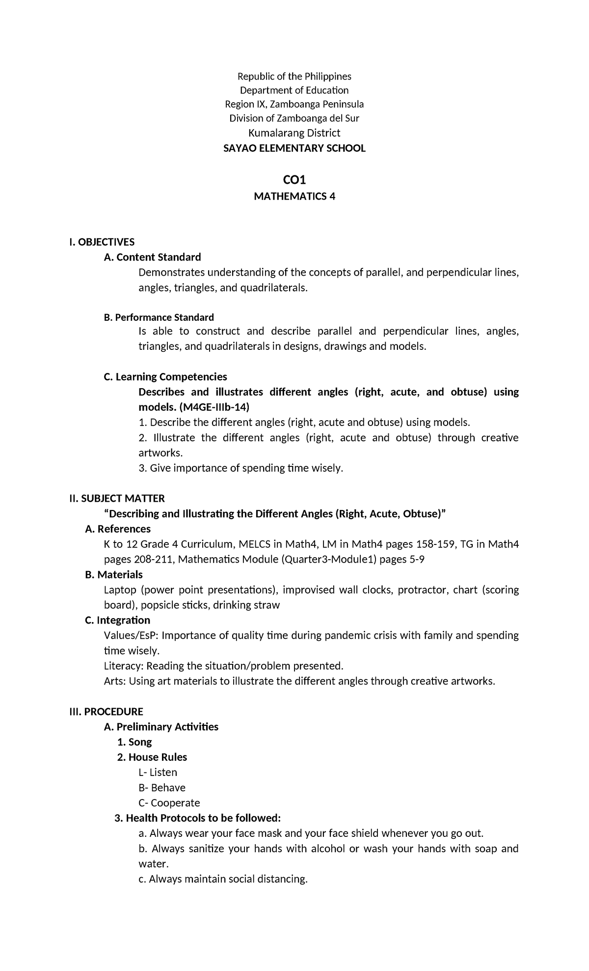 Lesson Plan in Mathematics IV: Understanding Angles and Lines - Studocu