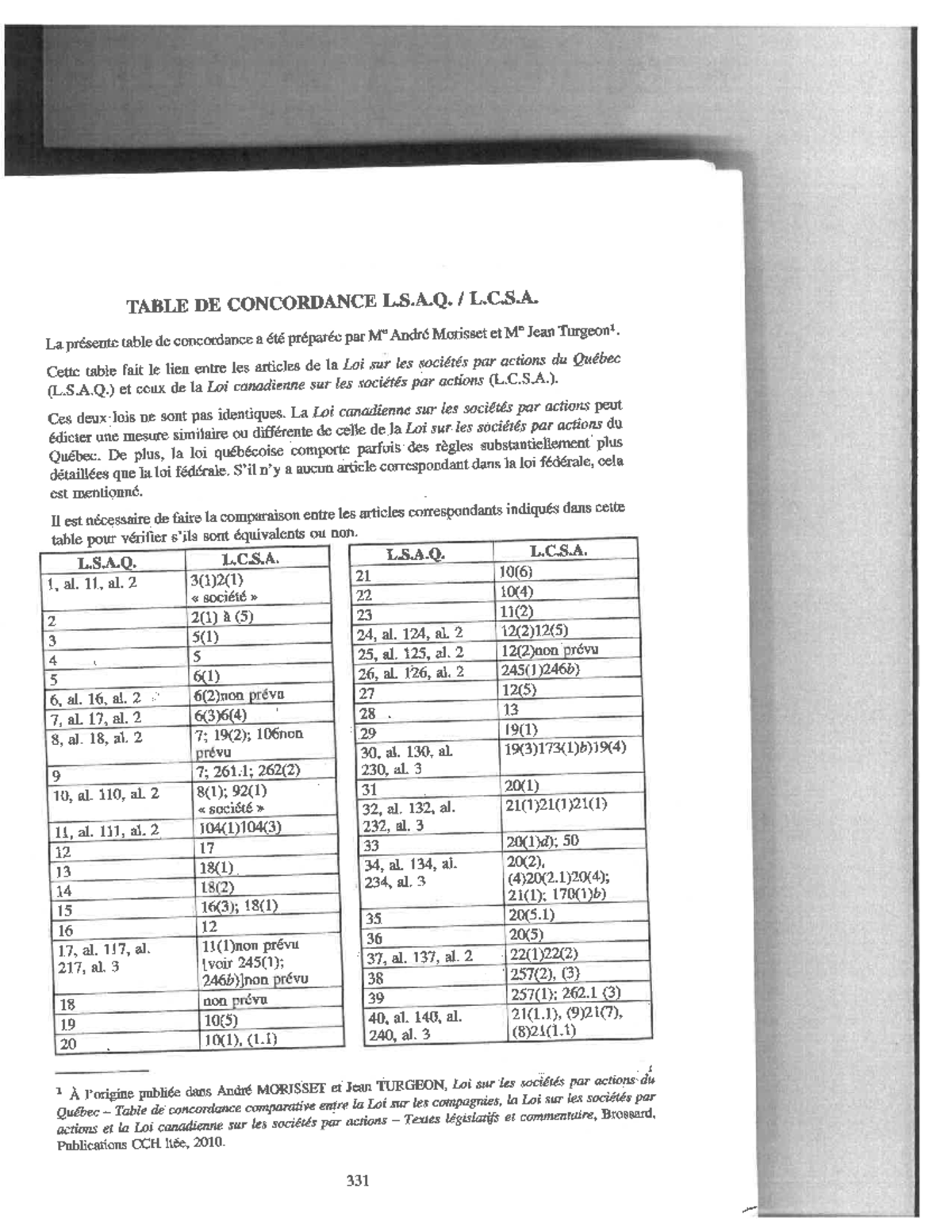 Table de concordance LSA-LCSA: Comparaison des lois par actions au ...