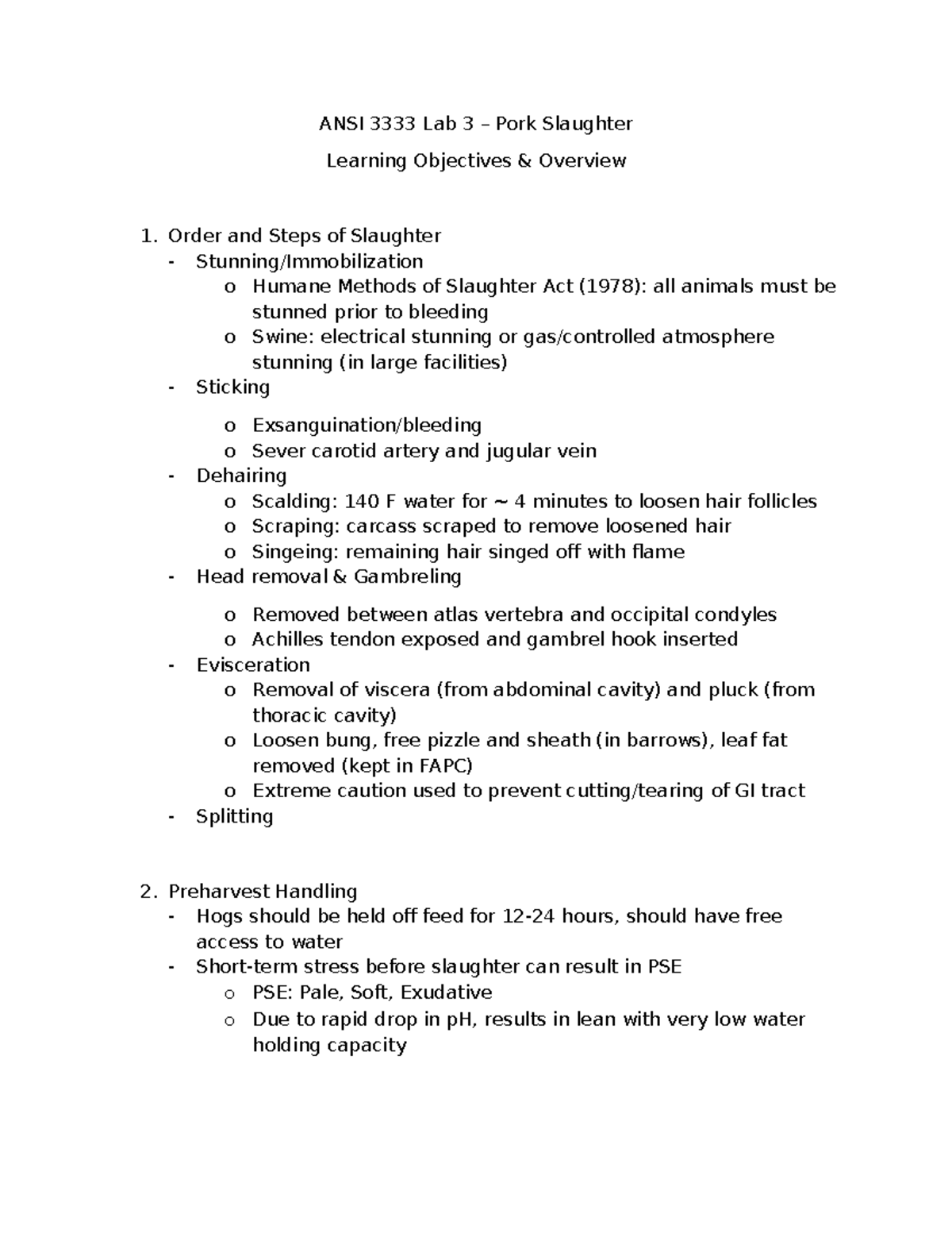 ANSI 3333 Lab 3 - Overview of Pork Slaughter Procedures - Studocu