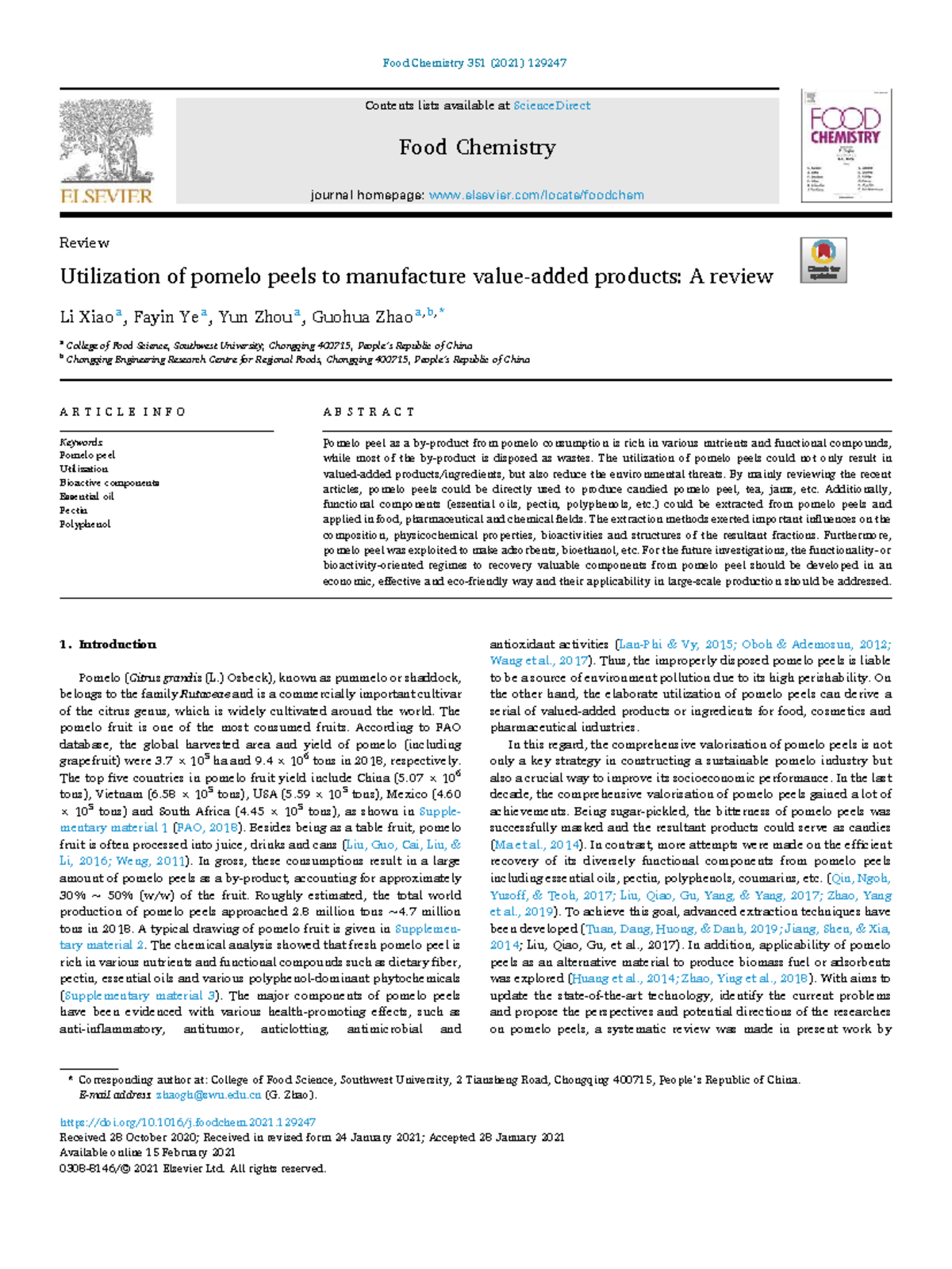 Utilization of Pomelo Peels in Food Chemistry 351: A Comprehensive ...