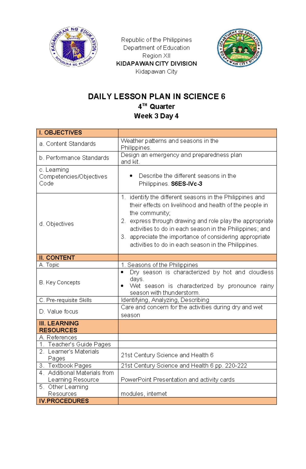 Daily Lesson Plan in Science 6: Weather Patterns & Seasons (4th Qtr ...