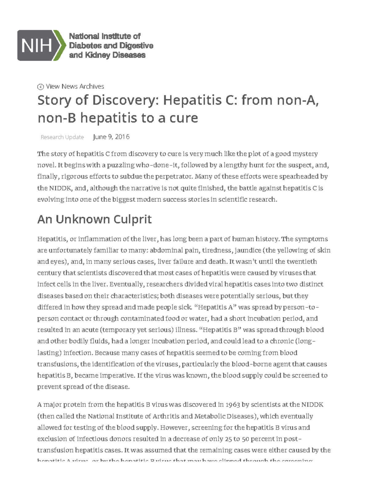 Story of Discovery Hepatitis C from non-A, non-B hepatitis to a cure ...