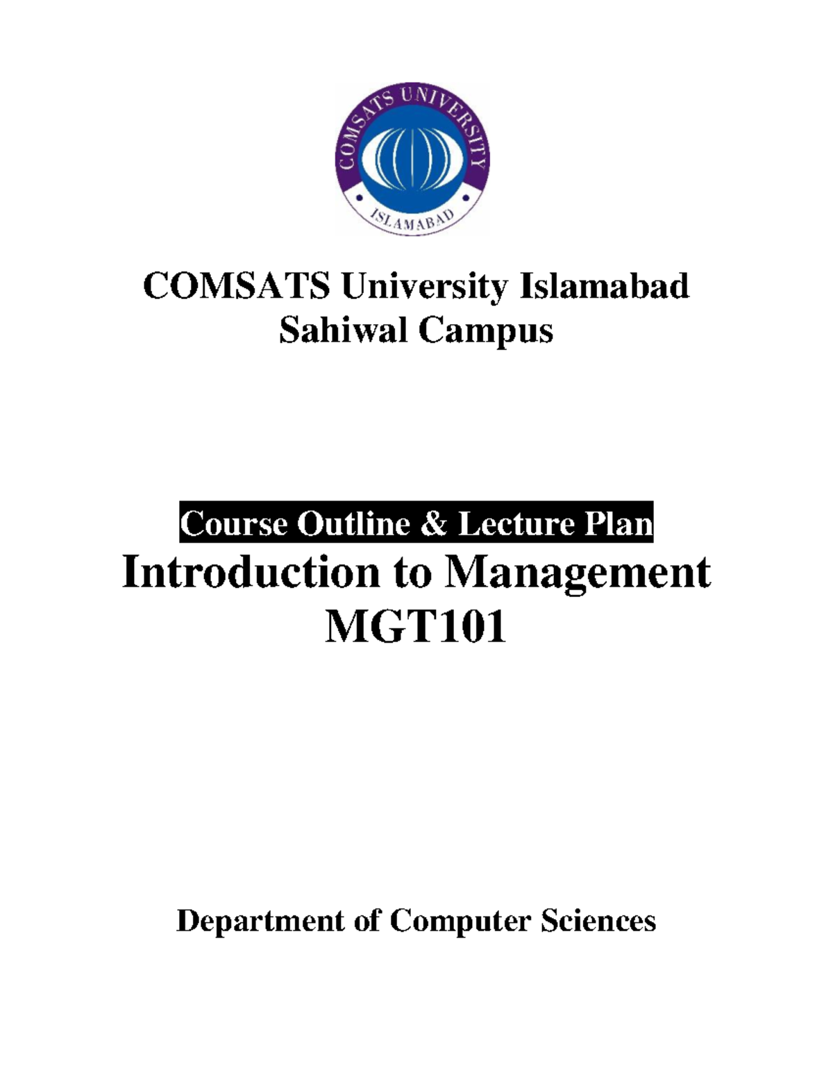 Introduction to Management - MGT 101 Course Outline & Lecture Plan ...