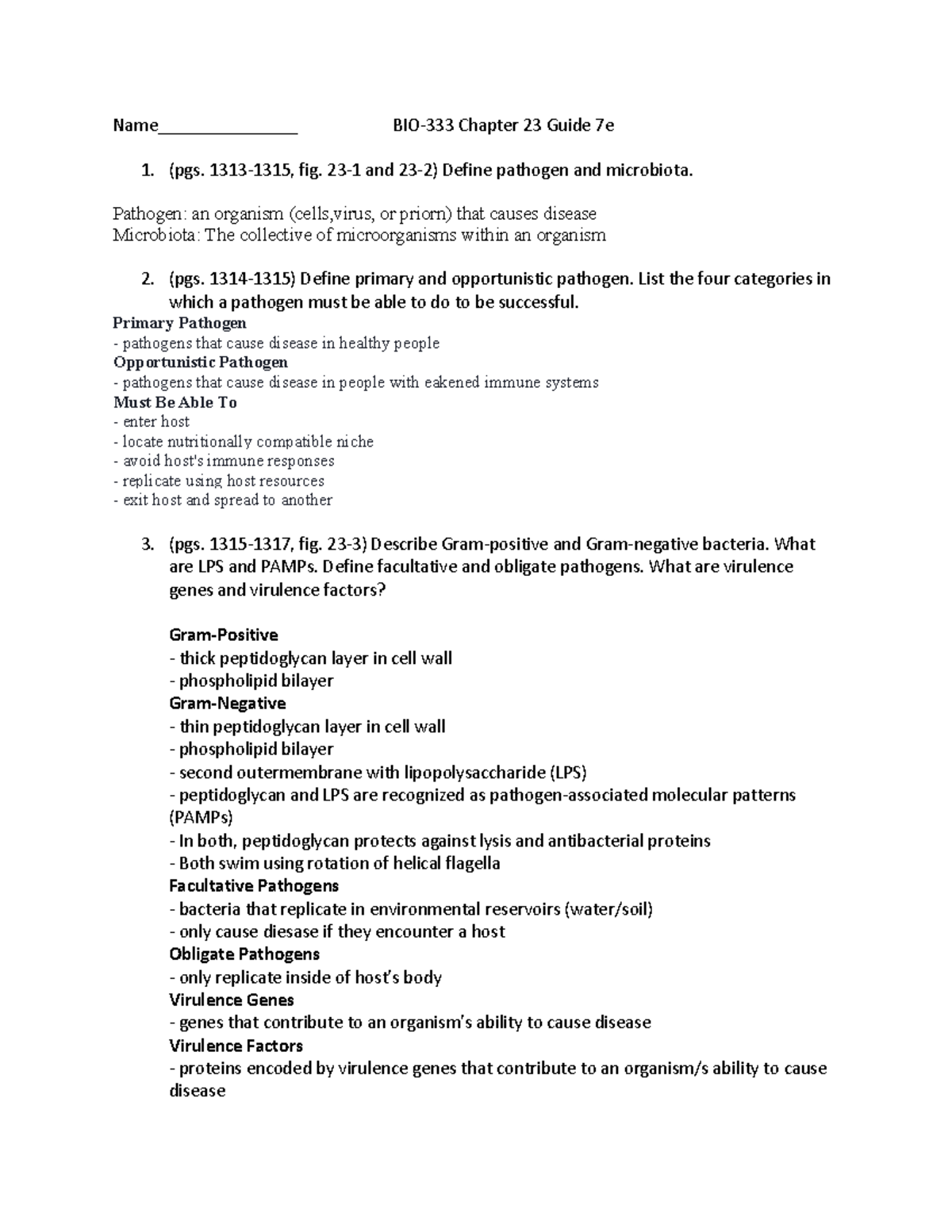 BIO-333 Chapter 23 Study Guide on Pathogens and Host Interactions - Studocu