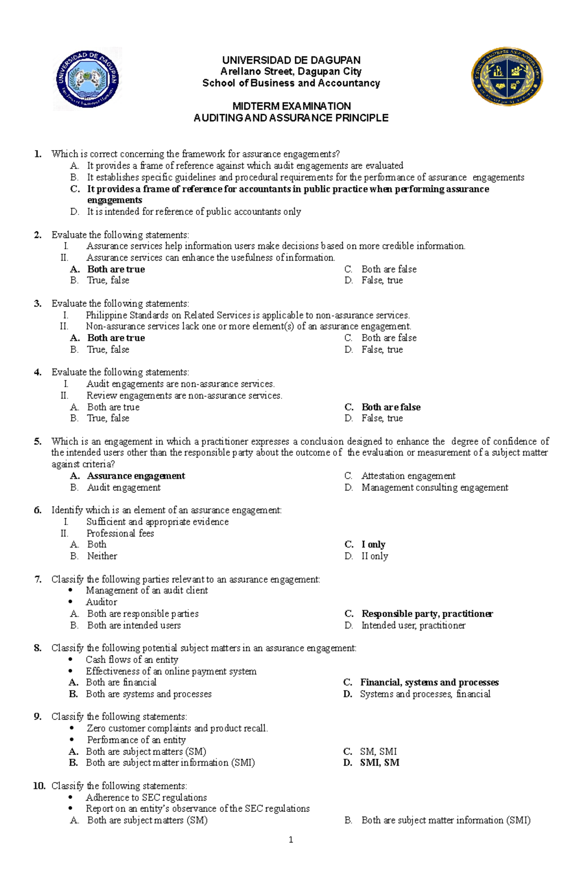 UDD PRE01 Auditing and Assurance Principles Midterm Exam Review - Studocu