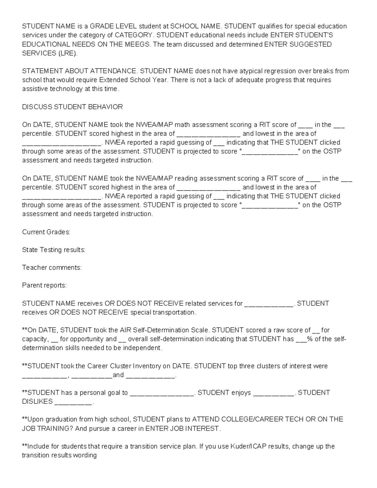 Secondary Overall Objective Statement: Sample Template for Special Ed ...