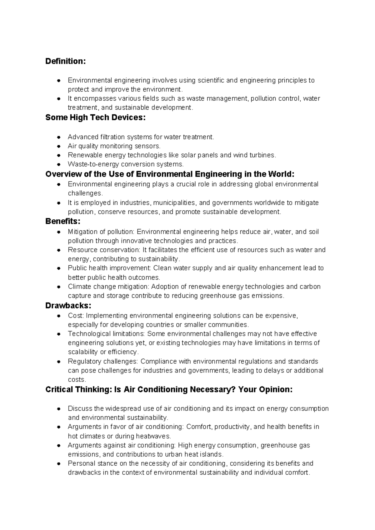 Outline + Essays - Definition: Environmental engineering involves using ...