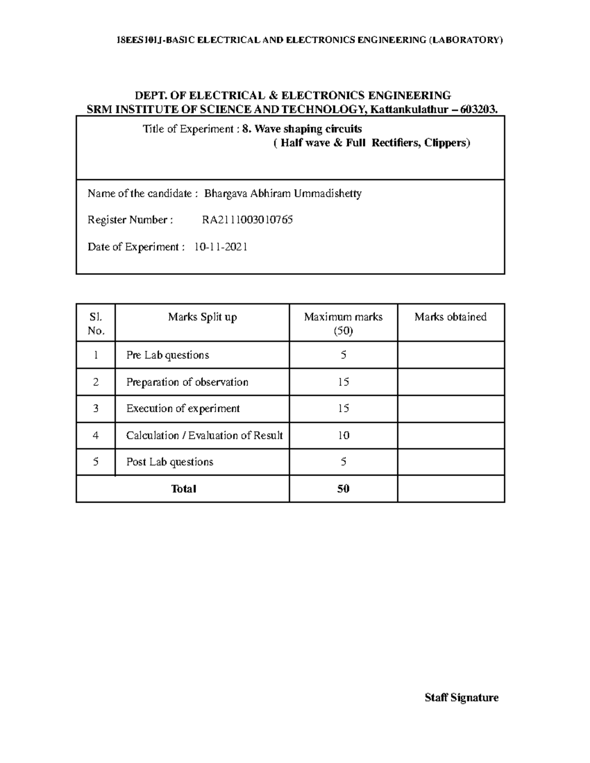 (Beee - ex-5) RA2111003010765 - 18EES101J-BASIC ELECTRICAL AND ...