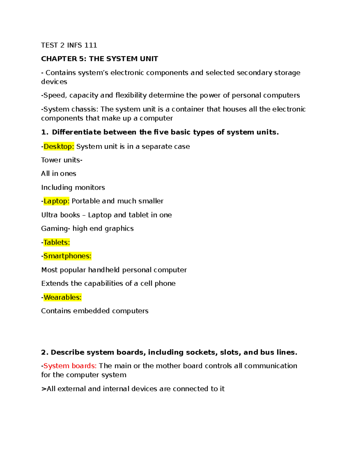 TEST 2 INFS 111 - CHAPTERS 5 TO 8: SYSTEM UNIT & INPUT/OUTPUT DEVICES ...
