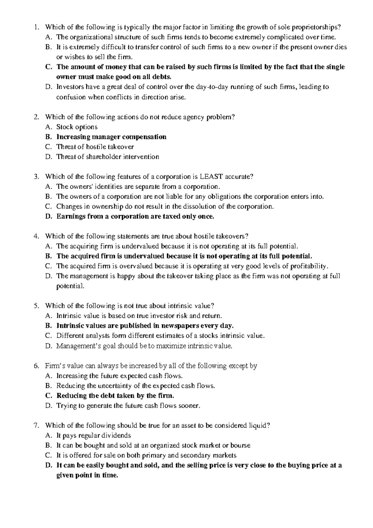 Practice Questions for Finance Course (FIN 101) - Studocu