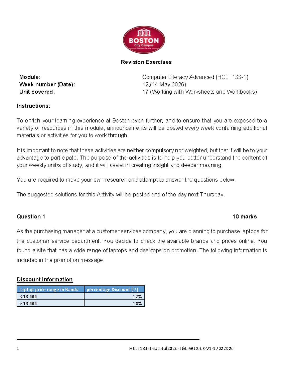 HCLT133 Revision Exercises: Working with Worksheets & Workbooks - Studocu
