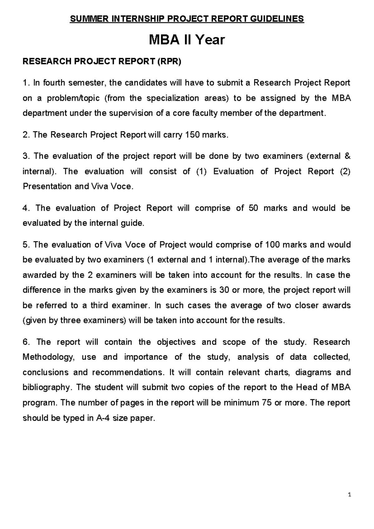 MBA II Year Summer Internship Project Report Format Guidelines - Studocu