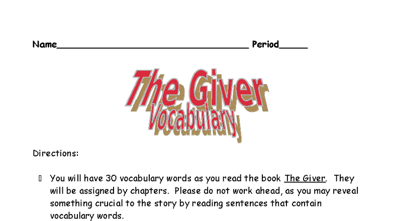 Vocabulary Booklet for The Giver (Chapters 1-12) - Studocu