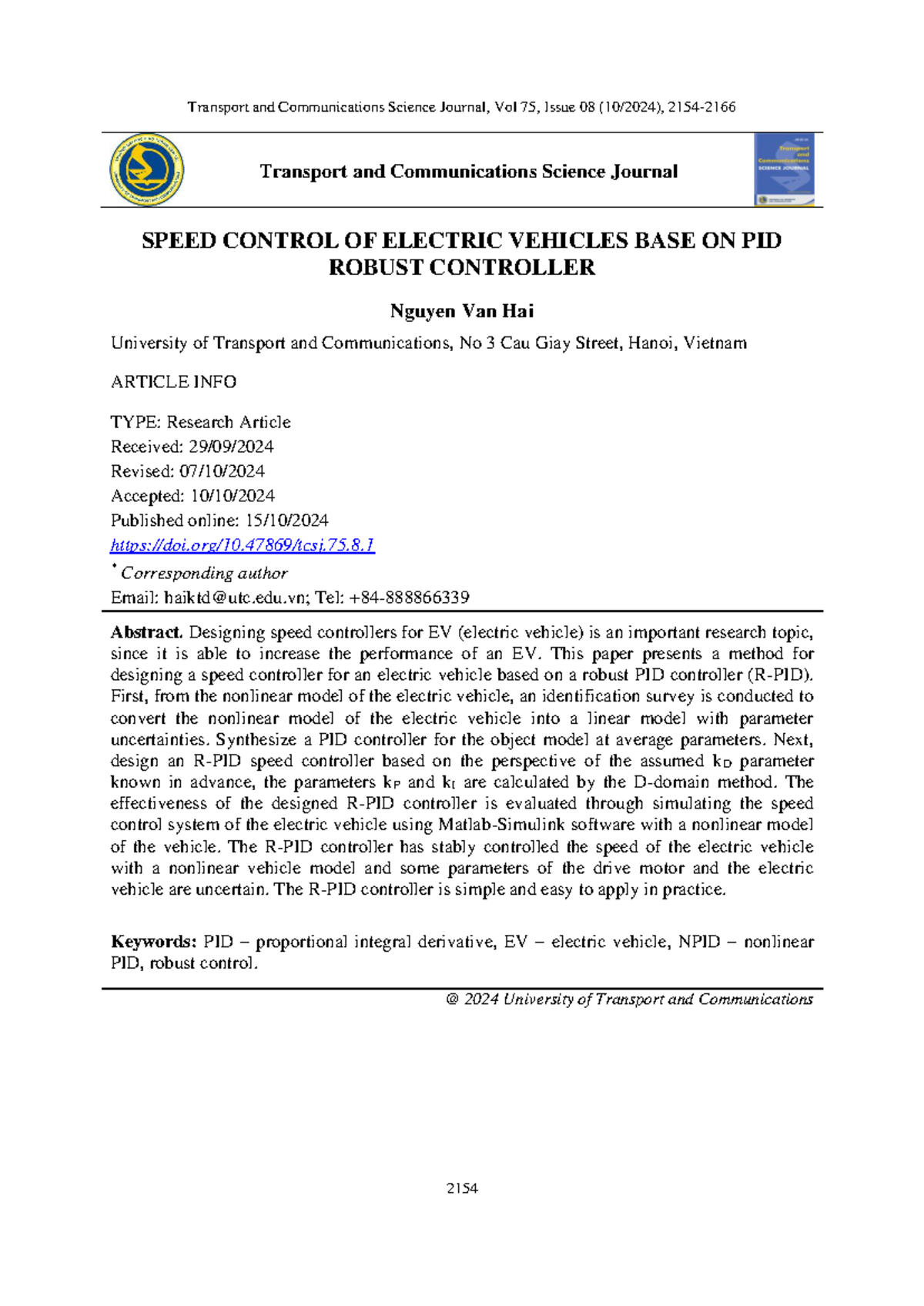 SPEED CONTROL OF ELECTRIC VEHICLES USING PID CONTROLLER - RESEARCH ...