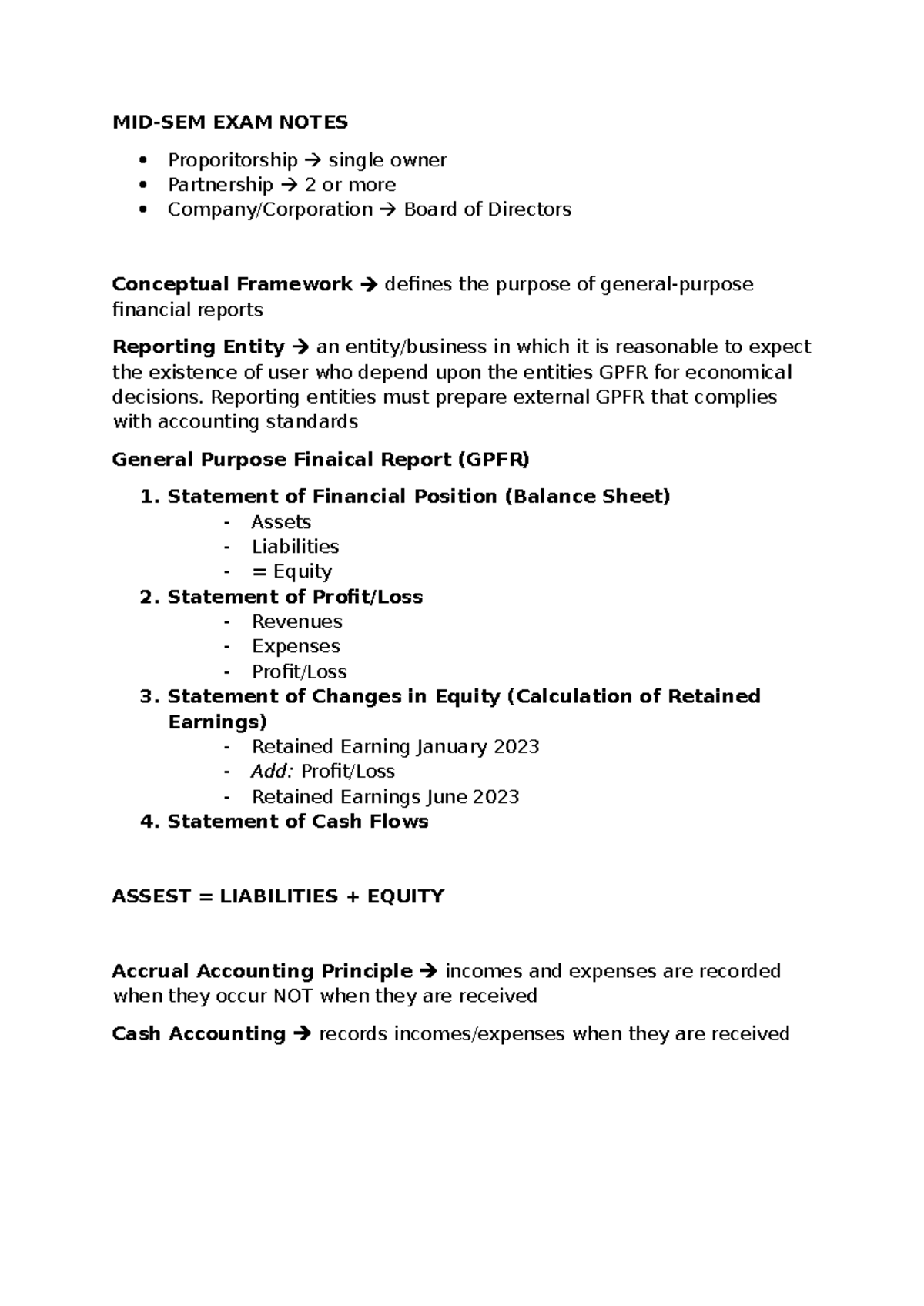 Mid Sem Exam Notes - MID-SEM EXAM NOTES Proporitorship single owner ...