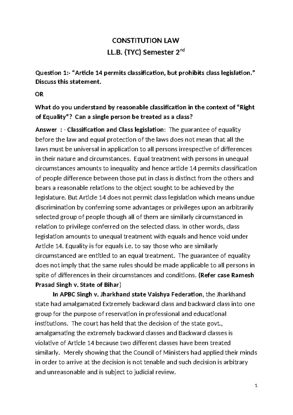Constitution Law 031349: Understanding Article 14 and Class Legislation ...