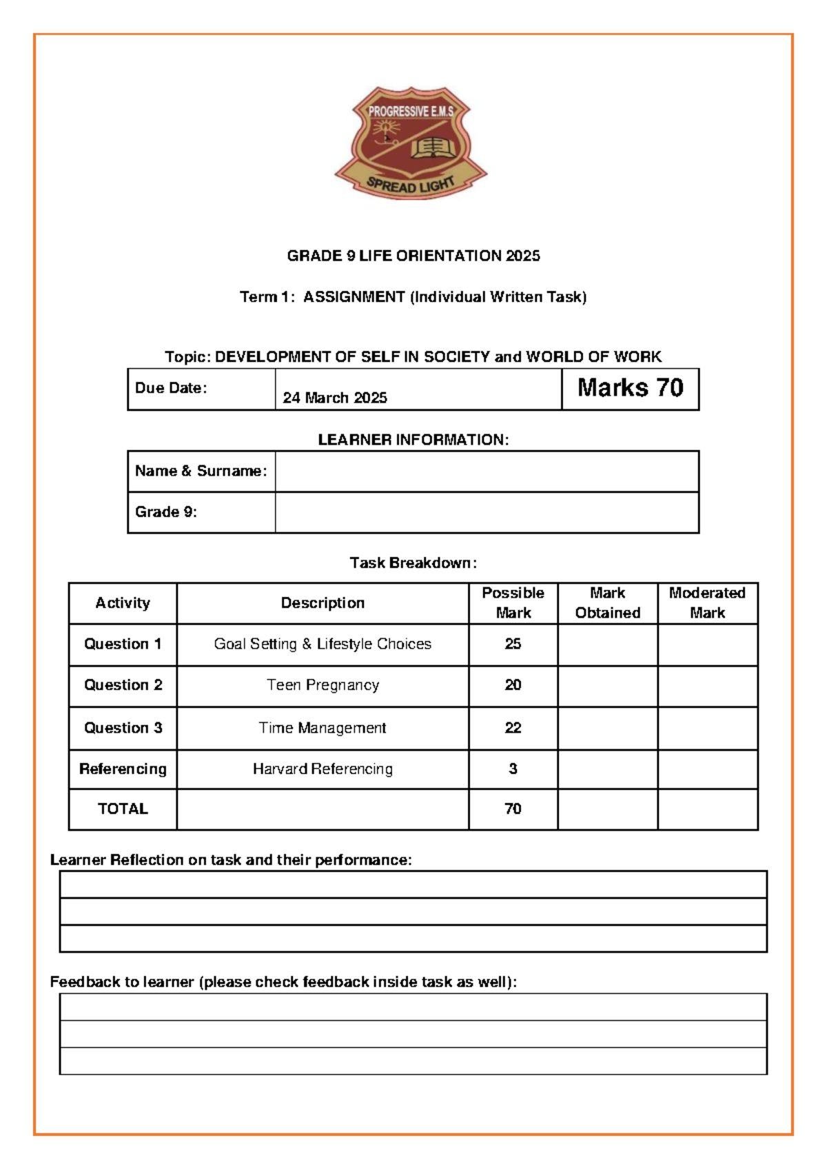 Grade 9 LO 2025 Term 1: Assignment on Self Development & Work - Studocu