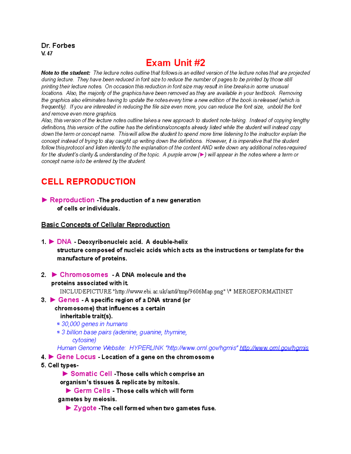 B1 121 Exam #2 Lecture Notes: Key Concepts on Cell Reproduction and ...