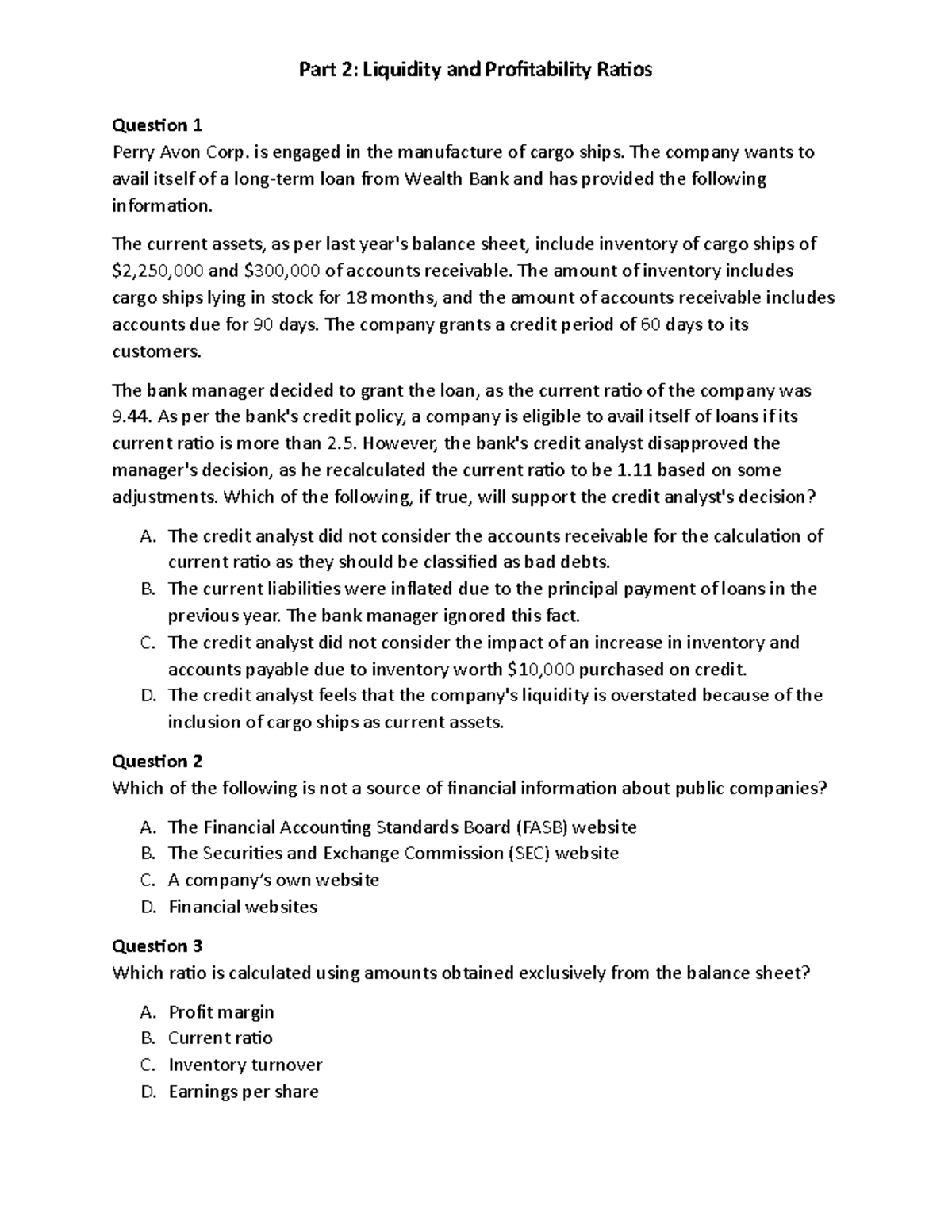 Part 2: Liquidity and Profitability Ratios Questions - Jan 2026 - Studocu
