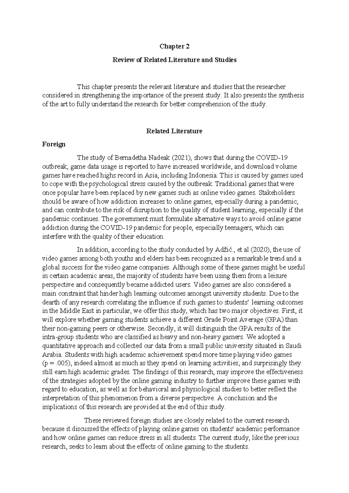 Chapter 2 - Review of Related Literature on Online Gaming Effects - Studocu