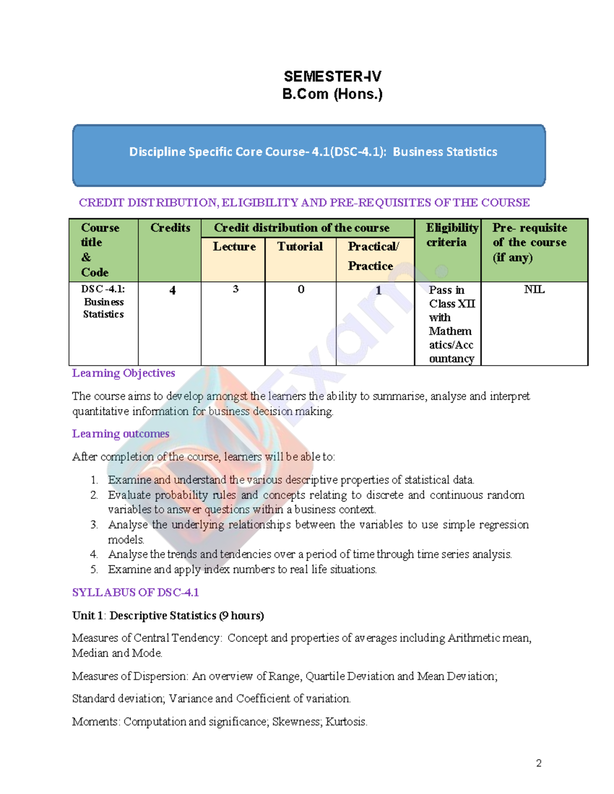 B.Com (Hons.) 4th Sem Syllabus: Business Statistics & Cost Accounting ...