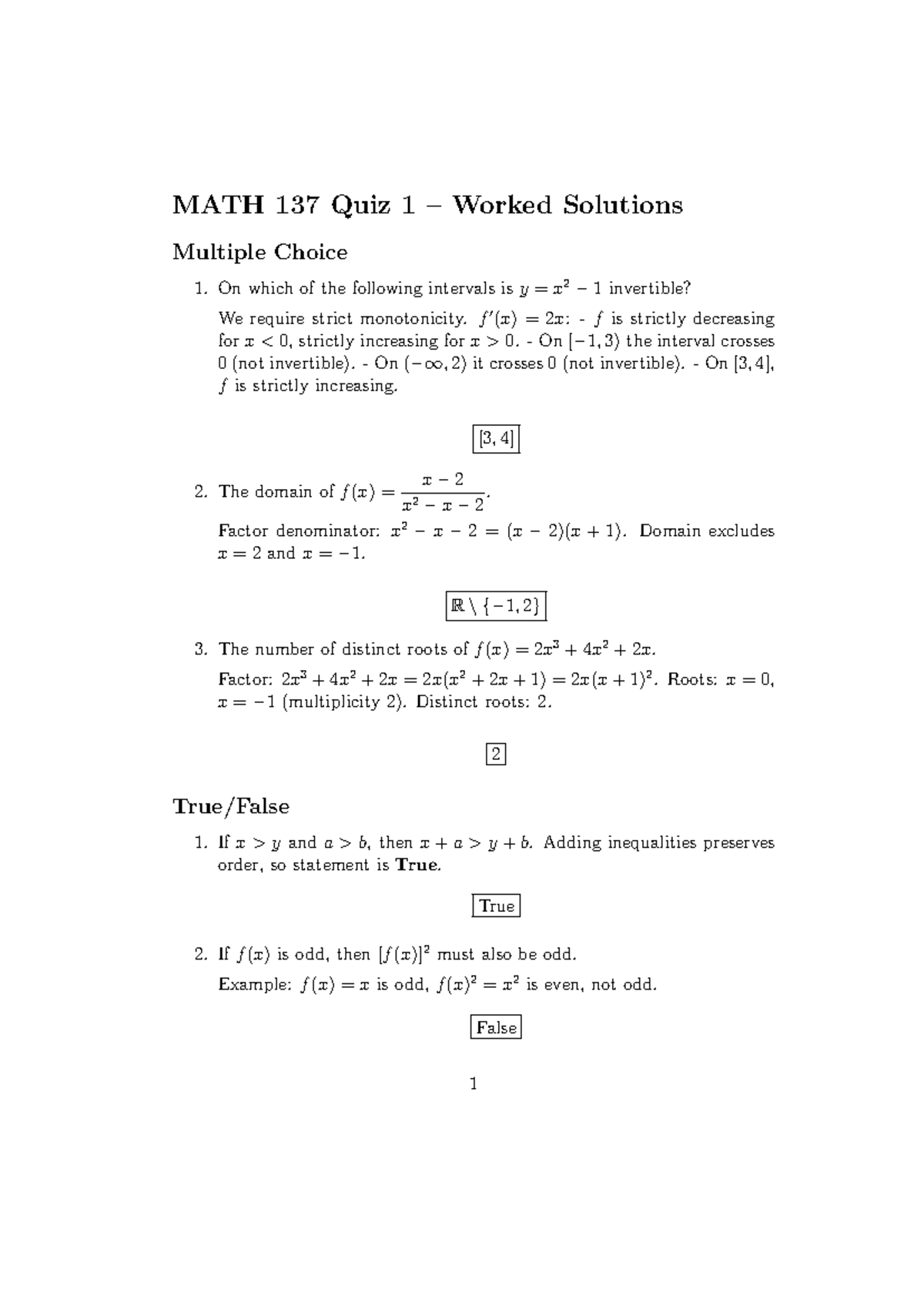 MATH 137 Quiz 1 Worked Solutions and Analysis - Studocu