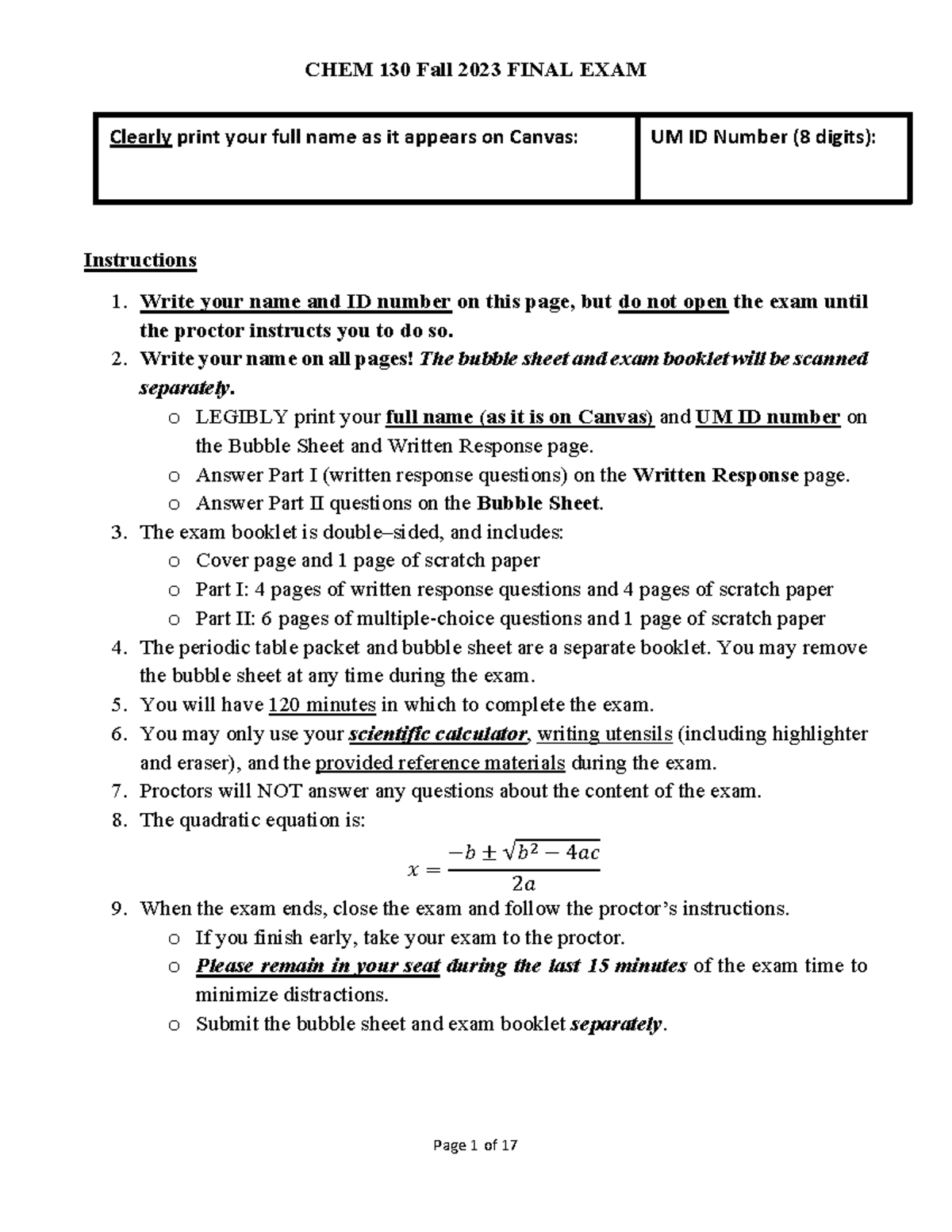 Chem 130 Fall 2023 Final Exam Instructions and Guide - Studocu