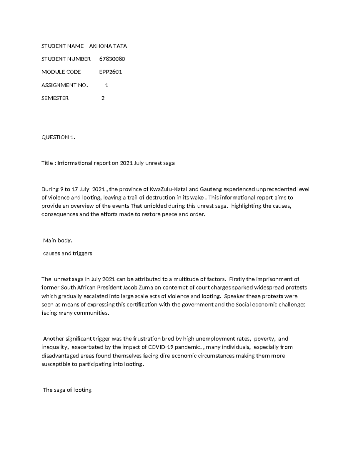 EPP2601 Assignment 1: Informational Report on July 2021 Unrest Saga ...