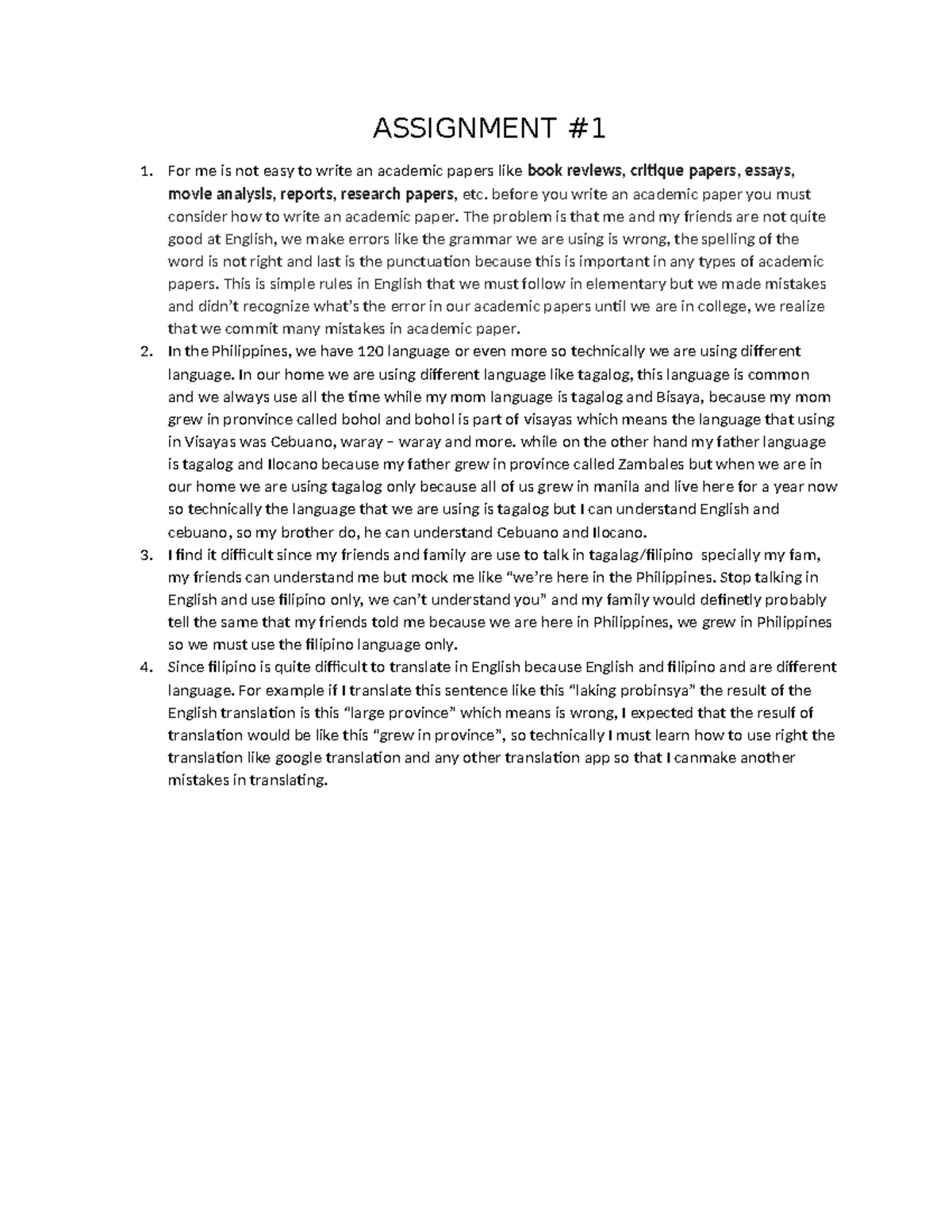ENG 101: Assignment on Academic Writing Challenges and Language Use ...