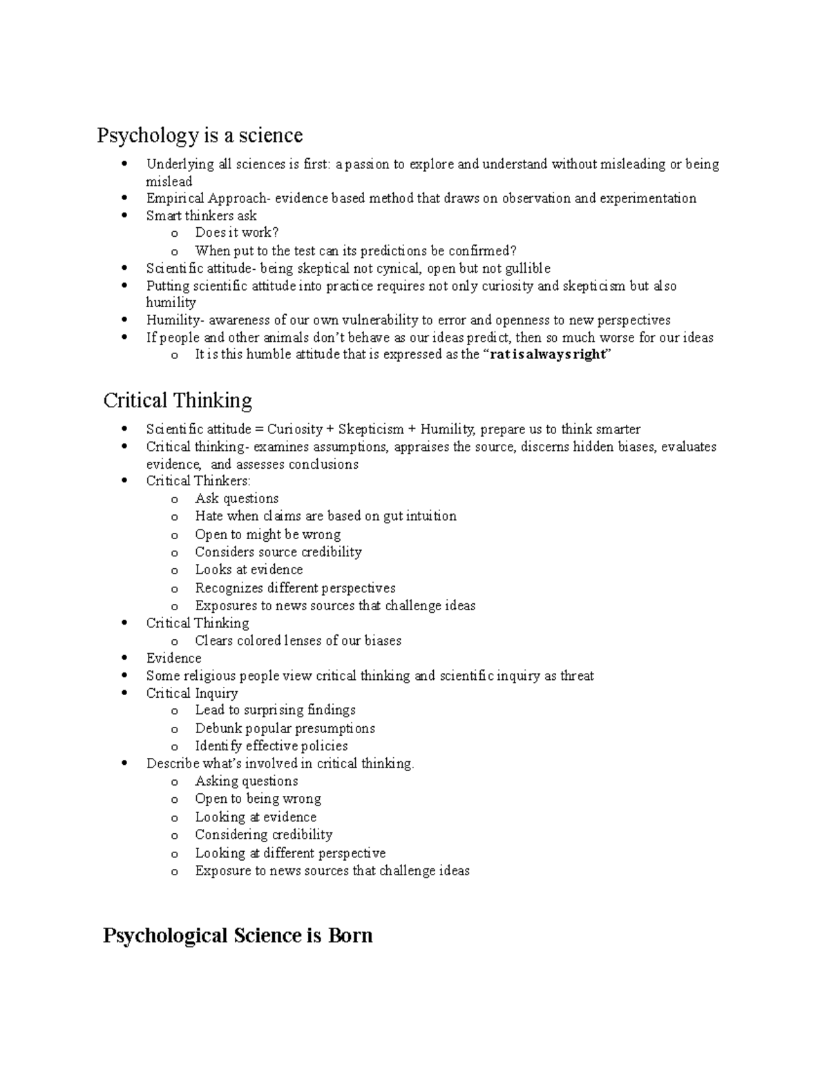 Chapter 1 Notes - Basic Overview of the field of Psychology ...