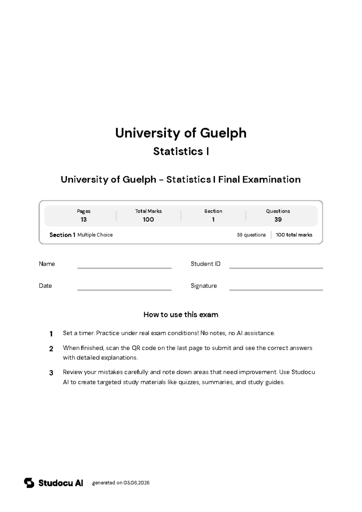 University of Guelph - Statistics I Final Exam - Studocu