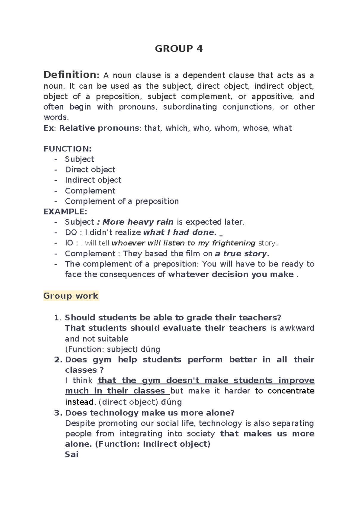 Grammar - Group 4: Noun Clauses and Their Functions in English - Studocu