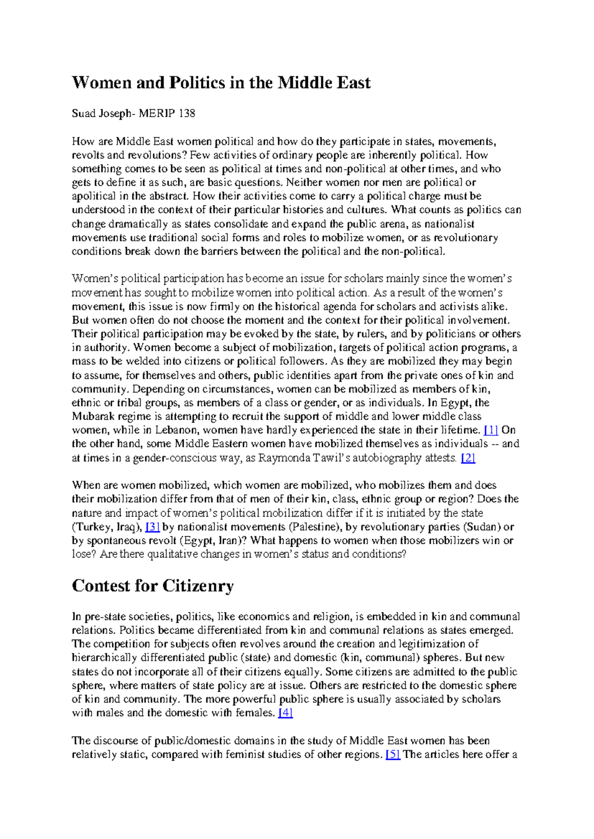 Women and Politics in the Middle East: MERIP 138 Analysis of Political ...