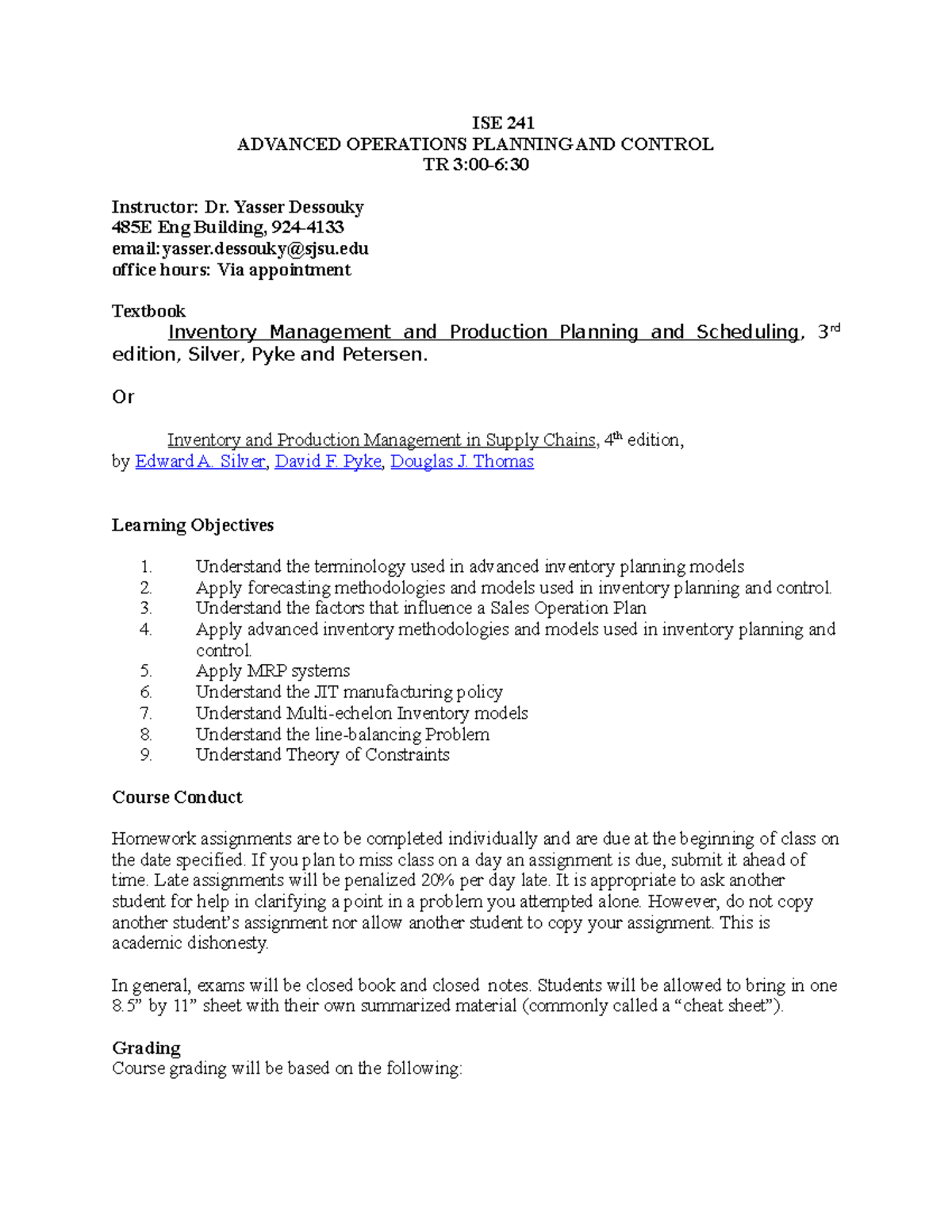 241-Syllabus - Look for syllabus of ISE 241 - ISE 241 ADVANCED ...