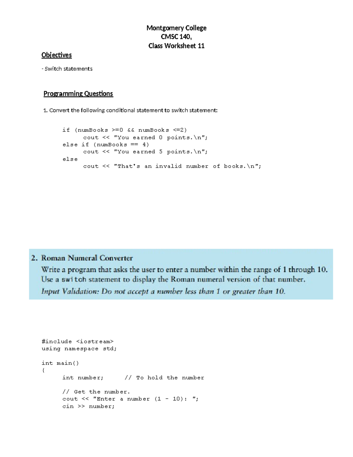 CMSC 140 Class Worksheet 11: Switch Statements Programming Tasks - Studocu