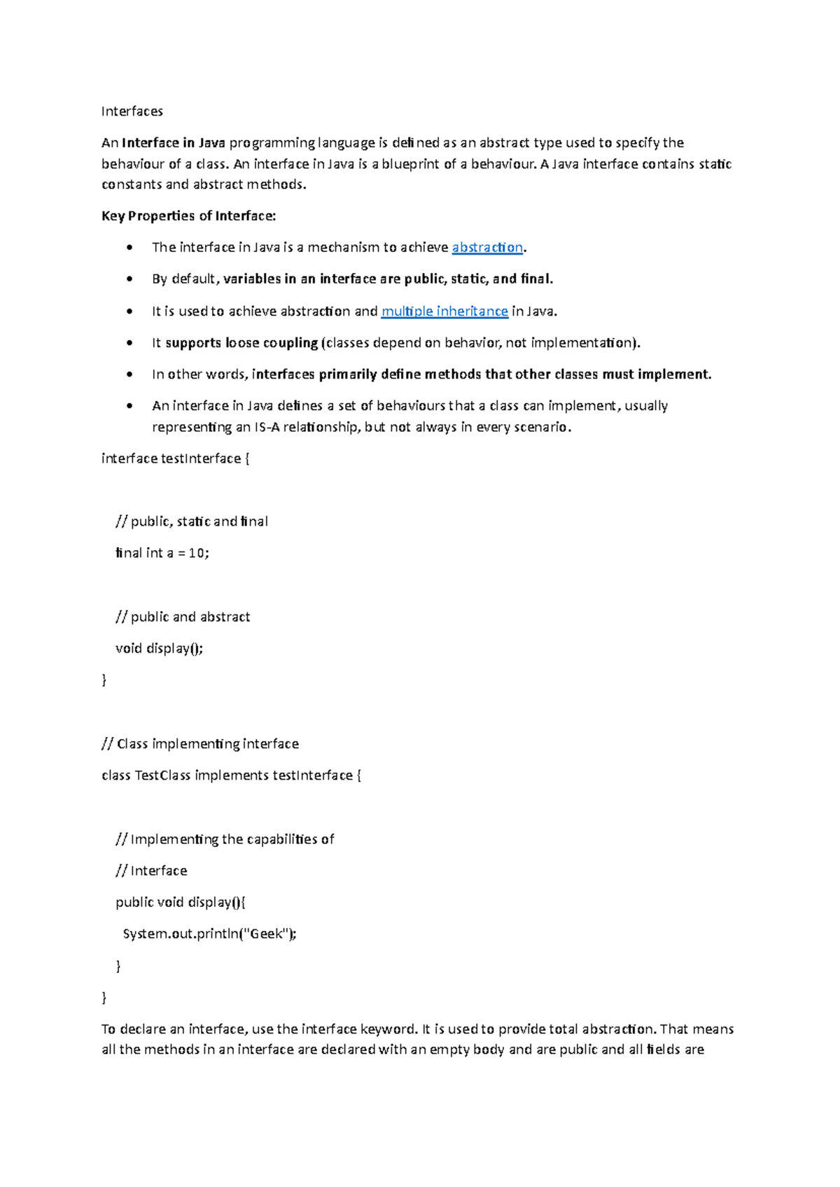 Java Interfaces: Key Properties and Implementation - CDTDJDTHD - Studocu